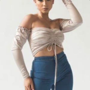 Nude satin off-the-shoulder top